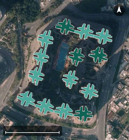采葉庭航空影像，14 座樓宇輪廓按風水評分上色，綠色分高、紅色分低