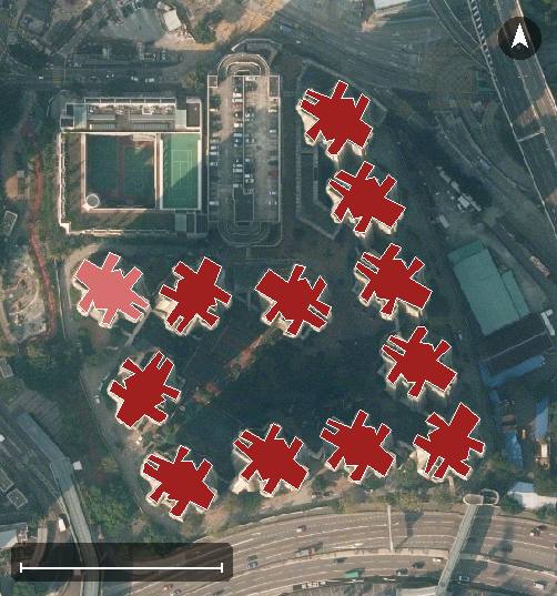 采頤花園航空影像，12 座樓宇輪廓按風水評分上色，綠色分高、紅色分低