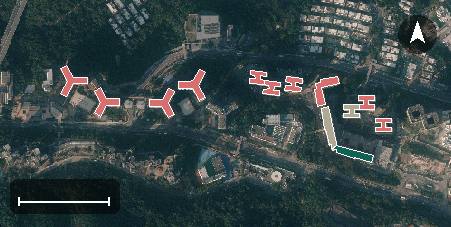 長康邨航空影像，13 座樓宇輪廓按風水評分上色，綠色分高、紅色分低
