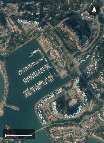 香港黃金海岸航空影像，30 座樓宇輪廓按風水評分上色，綠色分高、紅色分低