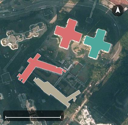 高怡邨航空影像，7 座樓宇輪廓按風水評分上色，綠色分高、紅色分低