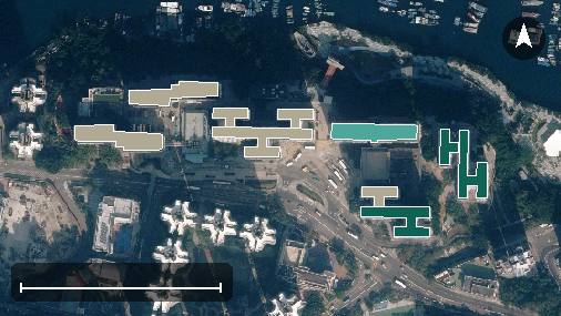鴨脷洲邨航空影像，10 座樓宇輪廓按風水評分上色，綠色分高、紅色分低